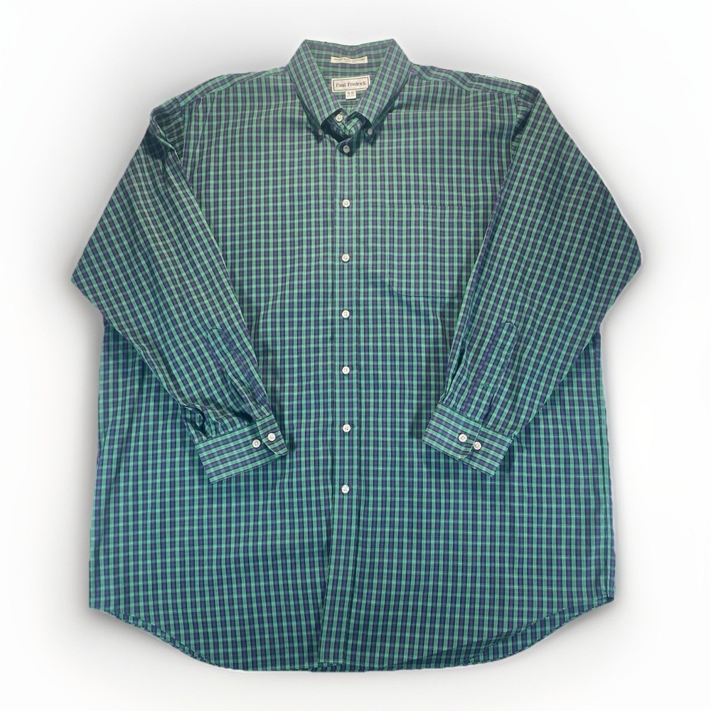 Paul‎ Frederick Button Down Plaid Shirt Blue Green 100% Cotton 19-35 Preppy